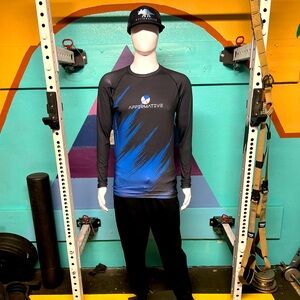 Affirmative Blue Power Ranger Long Sleeve workout shirt and Richardson Snapback